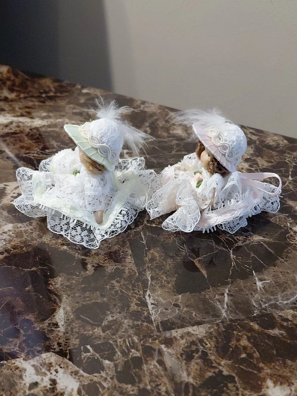 Lot of 2 Vintage Miniature Porcelain Victorian-style Doll Ornaments